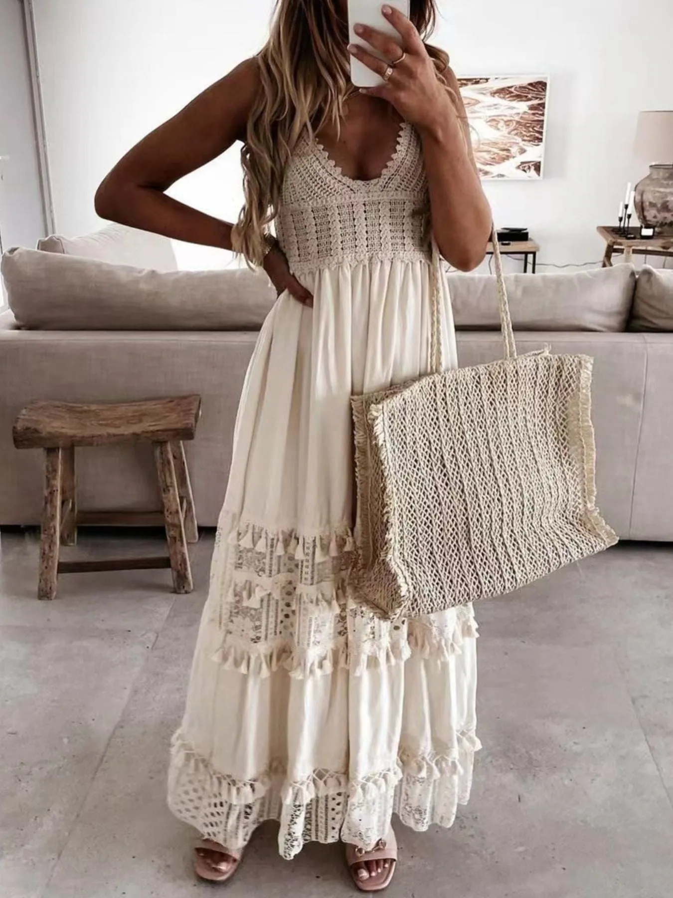 Full Size Bohemian Crochet Trimmed Cami Dress with Tassel Trim Plus Size sold by Charming Charlie product image thumbnail 2