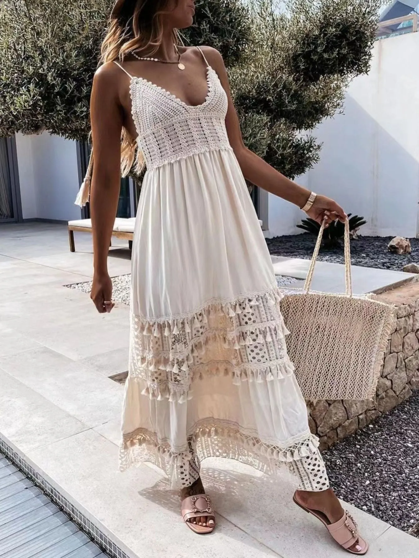 Full Size Bohemian Crochet Trimmed Cami Dress with Tassel Trim Plus Size sold by Charming Charlie product image thumbnail 3