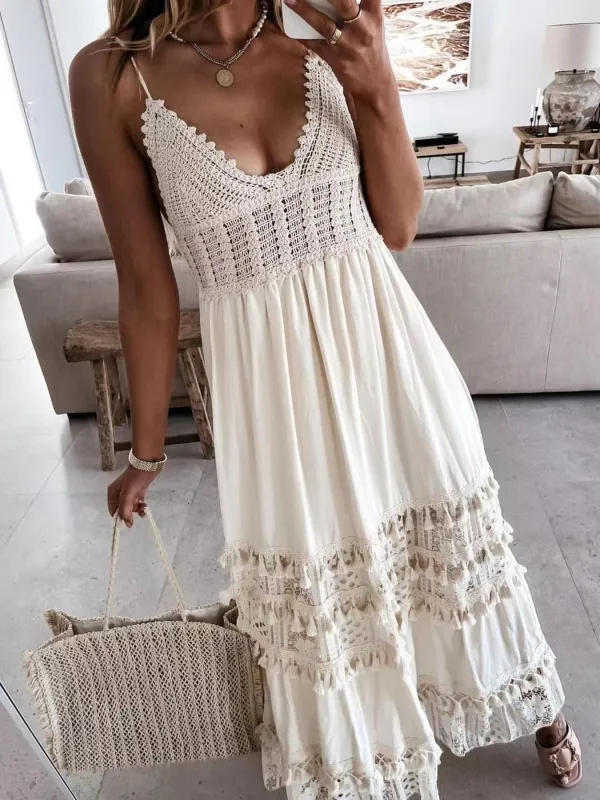 Full Size Bohemian Crochet Trimmed Cami Dress with Tassel Trim Plus Size made by Trendsi