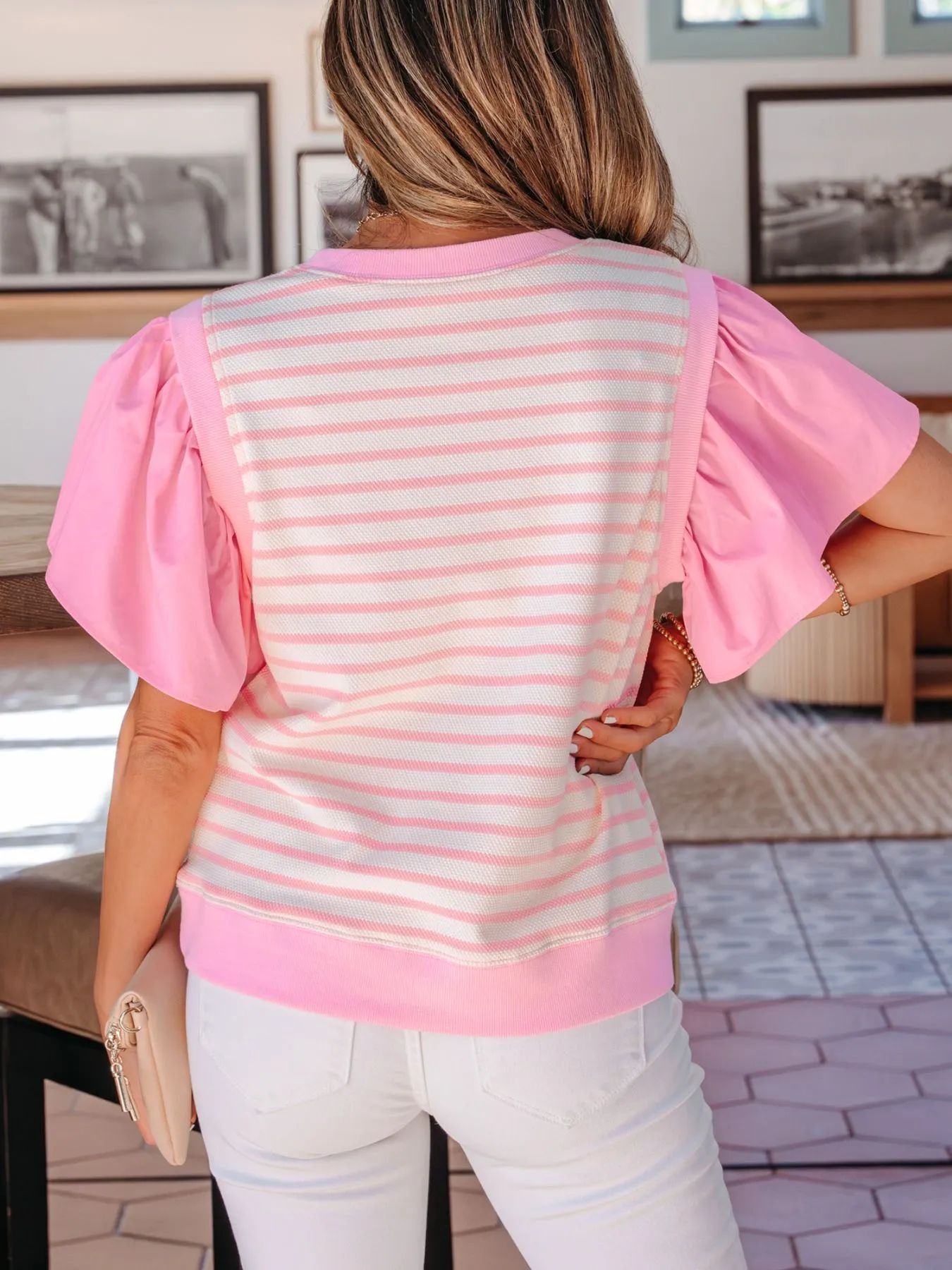 Stripe Ruffled Short Sleeve Patchwork Blouse sold by Charming Charlie product image thumbnail 3