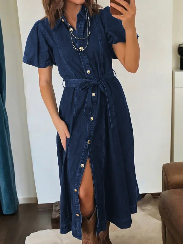 Belted Button-Down Midi Denim Dress made by Trendsi