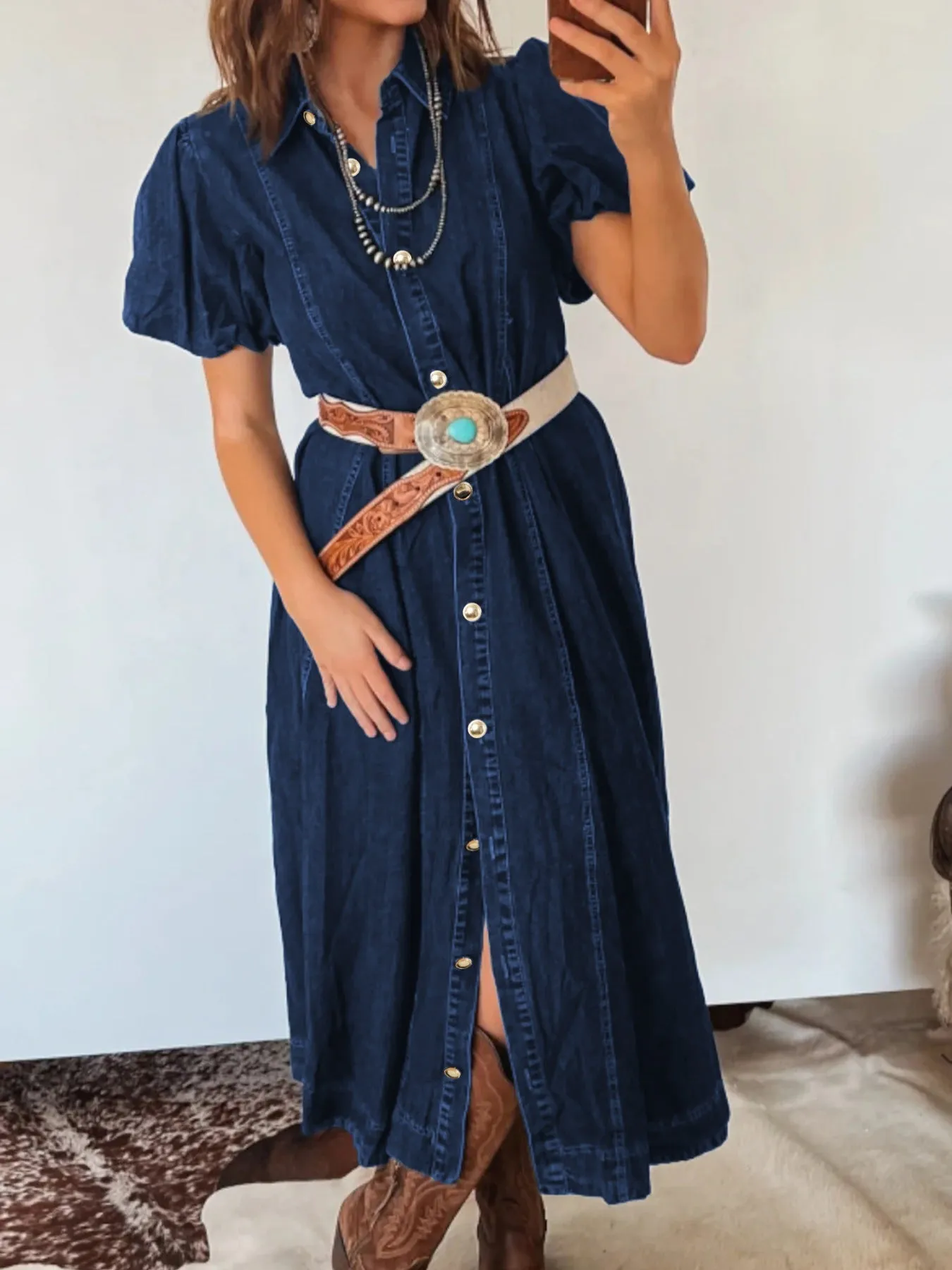 Belted Button-Down Midi Denim Dress sold by Charming Charlie product image thumbnail 3