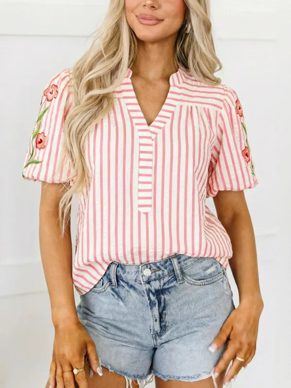 Stripe Print Floral Embroidered Puff Sleeve V Neck Blouse made by Trendsi
