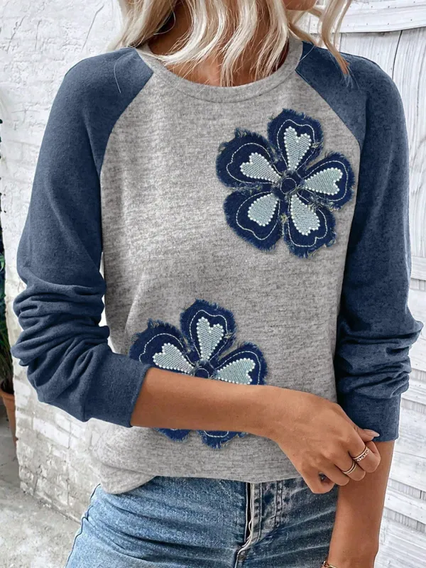 Color Block Flower Embroidered Patch Graphic Raglan Long Sleeve Top made by Trendsi