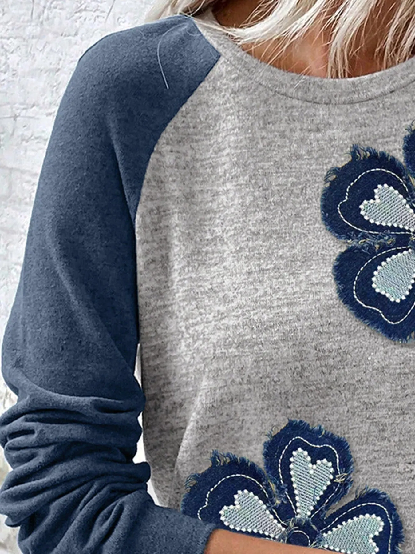 Color Block Flower Embroidered Patch Graphic Raglan Long Sleeve Top sold by Charming Charlie product image thumbnail 2