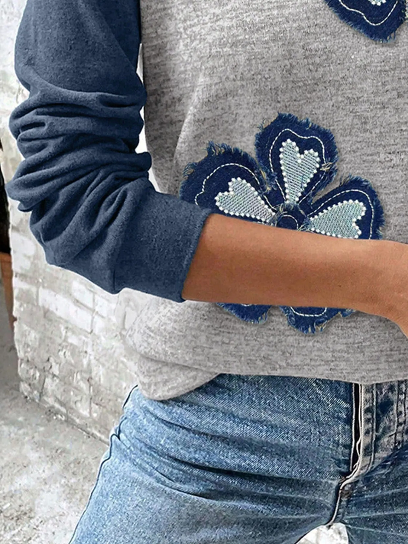 Color Block Flower Embroidered Patch Graphic Raglan Long Sleeve Top sold by Charming Charlie product image thumbnail 3