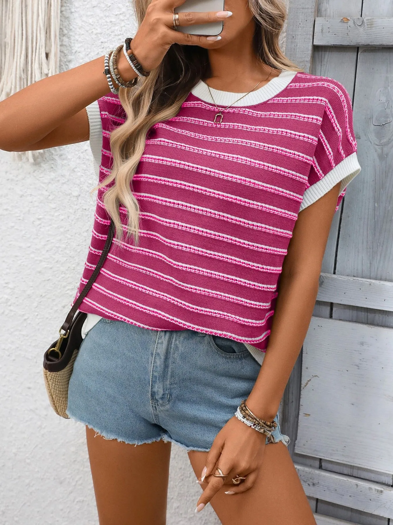 Striped Round Neck Short Sleeve Sweater sold by Charming Charlie product image thumbnail 2