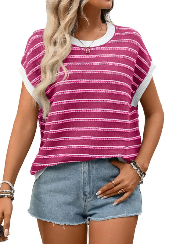 Striped Round Neck Short Sleeve Sweater made by Trendsi
