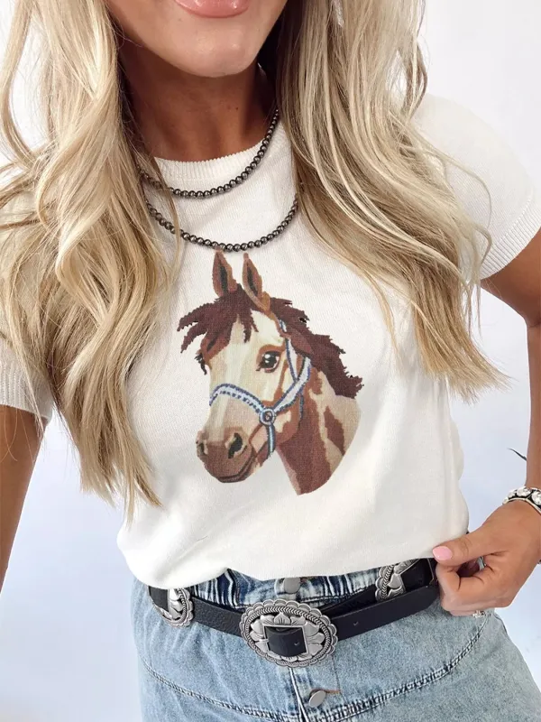 Wild West Horse Head Printed Short Sleeve Sweater made by Trendsi
