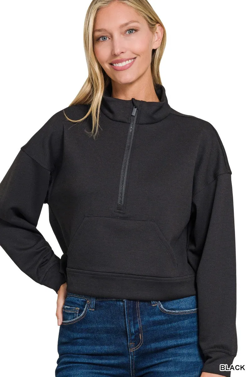 Zenana Scuba Half Zip Pullover With Kangaroo Pockets sold by Charming Charlie