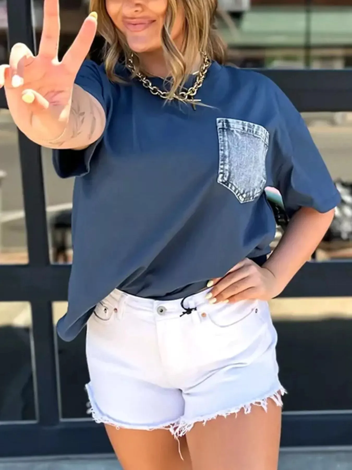 Denim Pocket Relaxed Fit T-Shirt sold by Charming Charlie product image thumbnail 3
