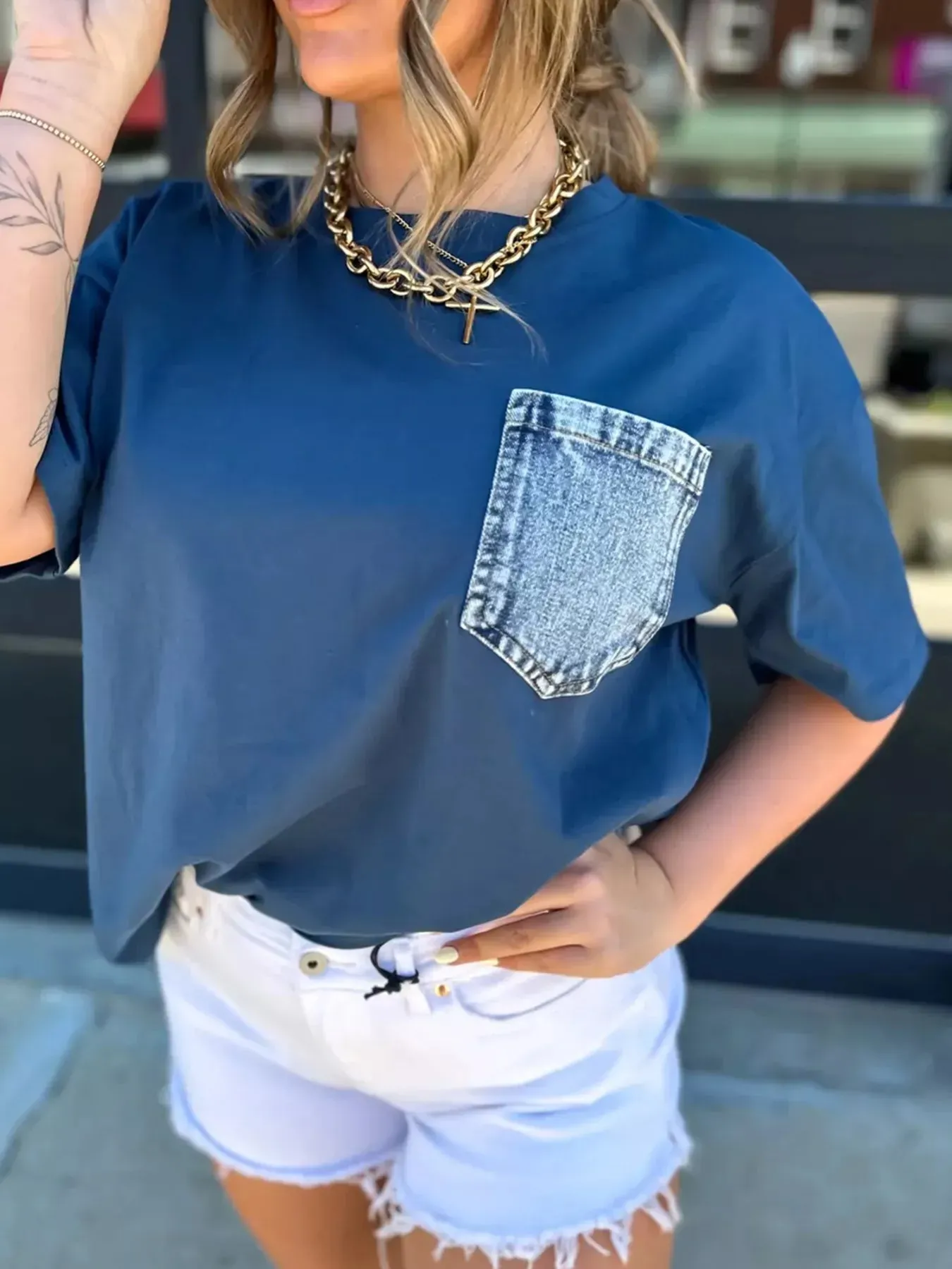 Denim Pocket Relaxed Fit T-Shirt sold by Charming Charlie product image thumbnail 4