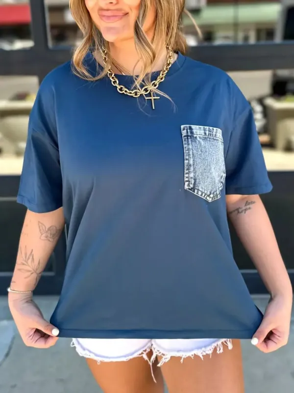 Denim Pocket Relaxed Fit T-Shirt made by Trendsi