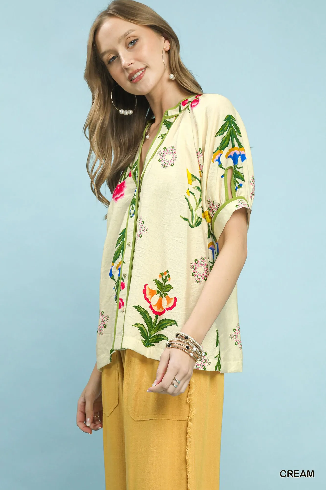 Umgee Botanical Print Contrast Trim Button Blouse sold by Charming Charlie product image thumbnail 2