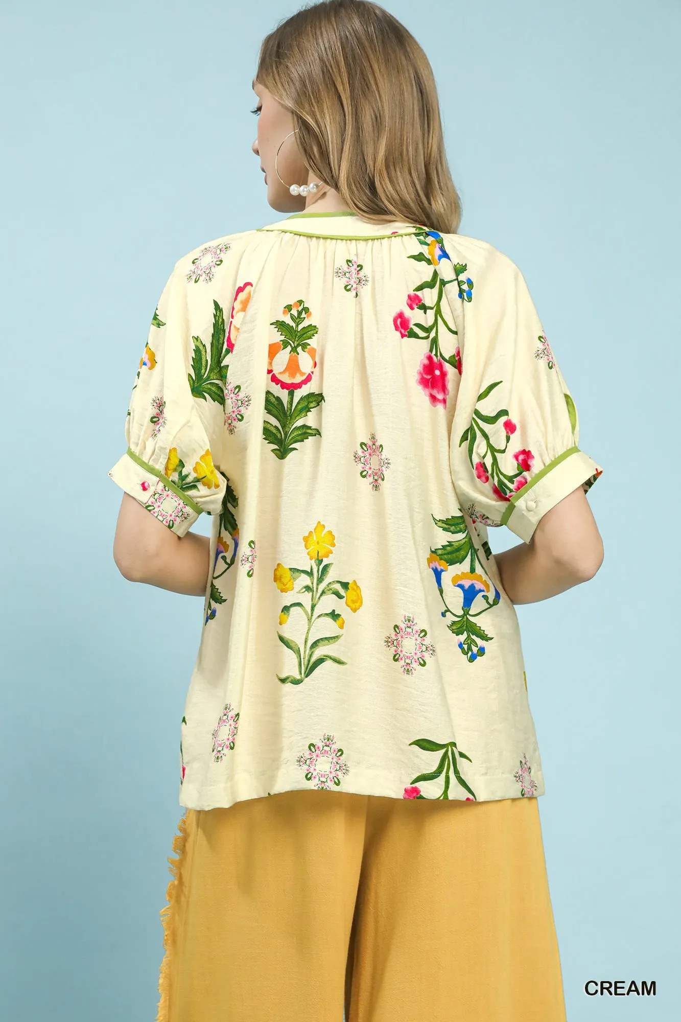 Umgee Botanical Print Contrast Trim Button Blouse sold by Charming Charlie product image thumbnail 3