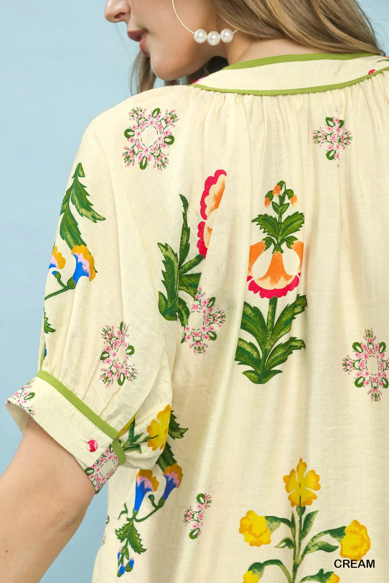 Umgee Botanical Print Contrast Trim Button Blouse sold by Charming Charlie product image thumbnail 4