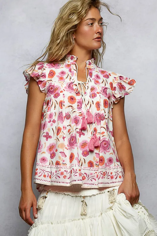 POL Tassel Tied Floral Flutter Sleeve Blouse made by Trendsi