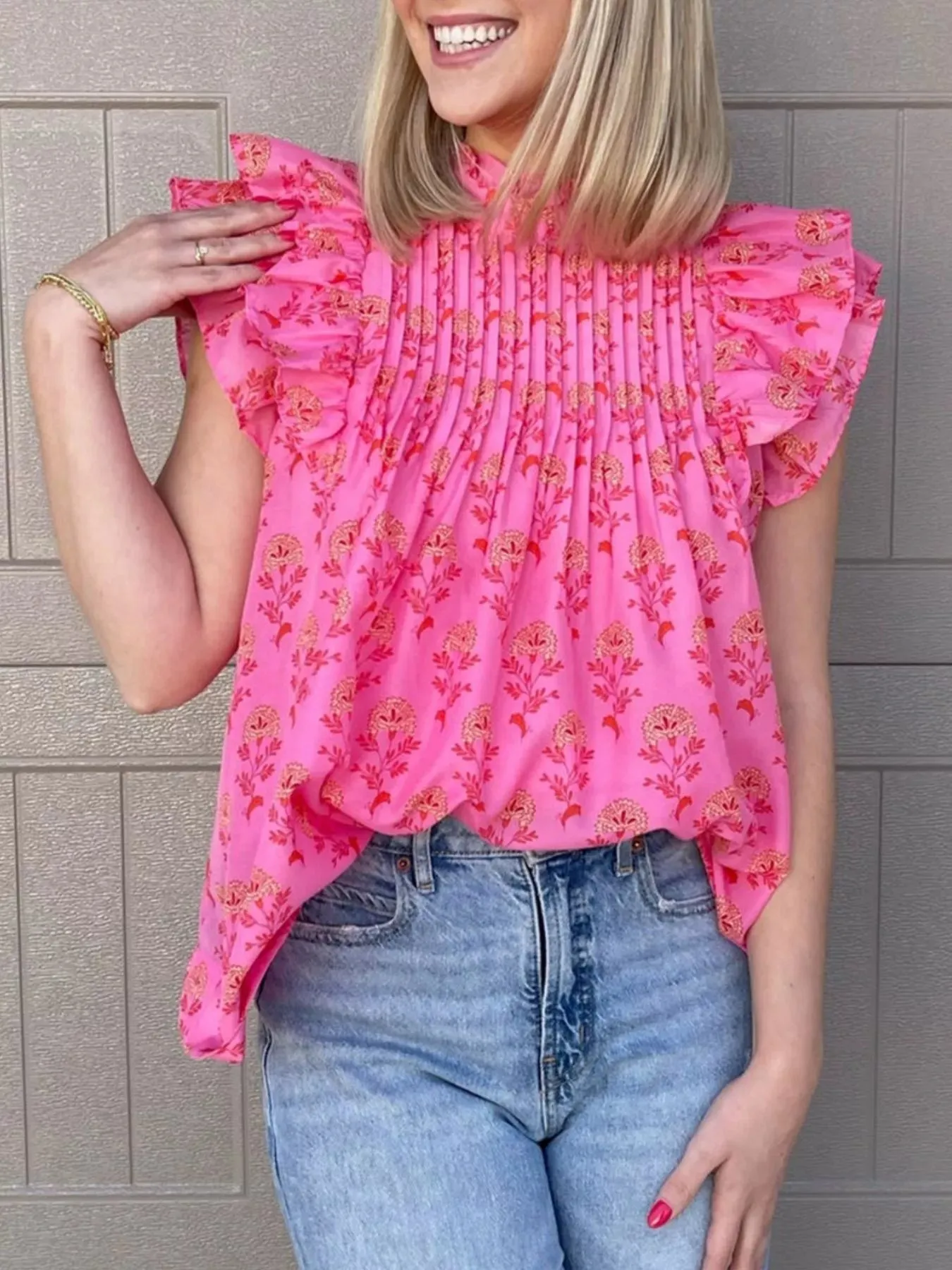 Floral Print Pleated Ruffled Flutter Sleeve Blouse sold by Charming Charlie product image thumbnail 5