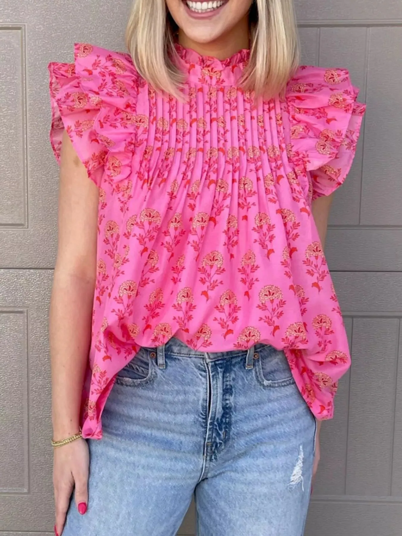 Floral Print Pleated Ruffled Flutter Sleeve Blouse sold by Charming Charlie product image thumbnail 2