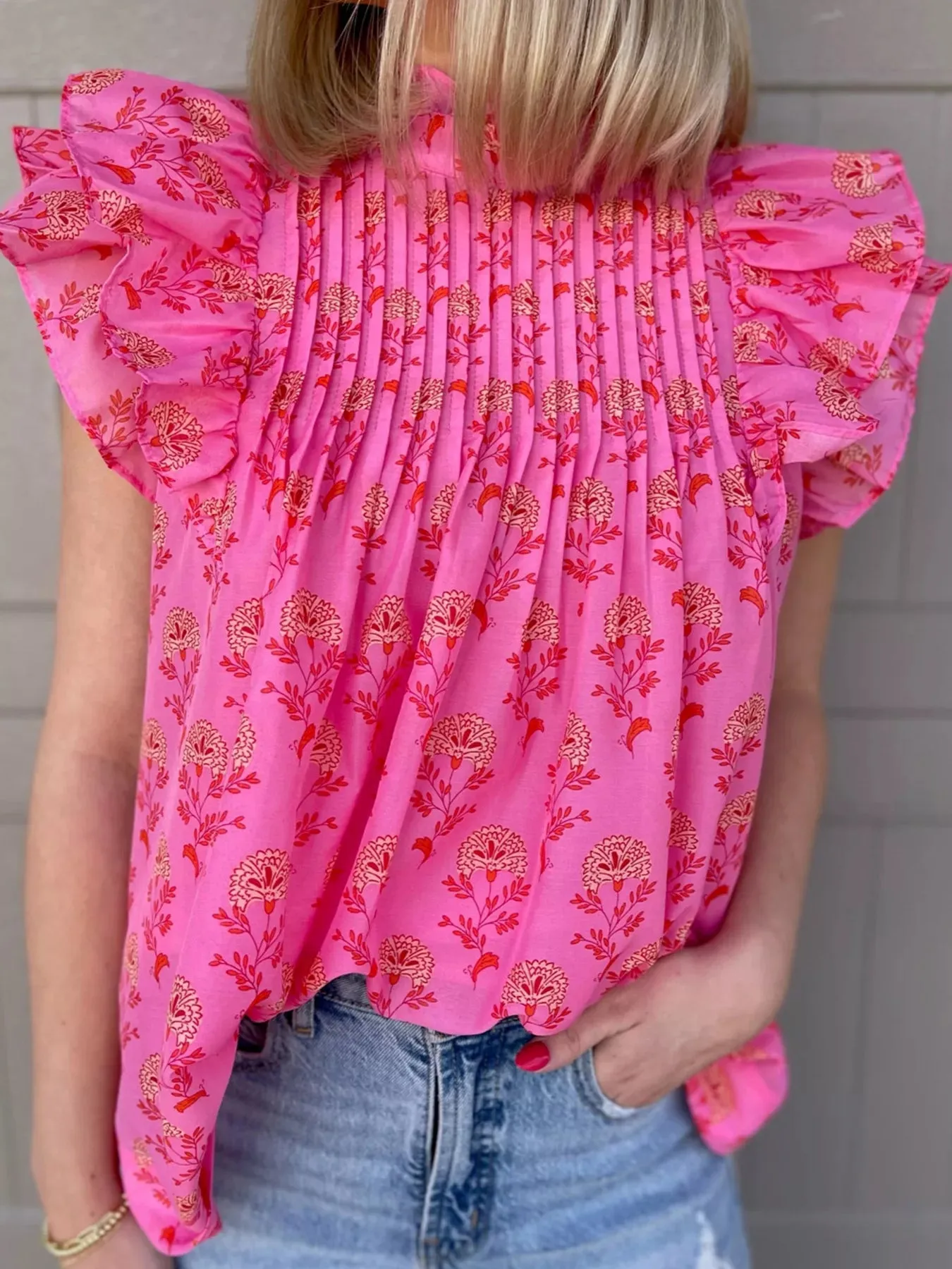 Floral Print Pleated Ruffled Flutter Sleeve Blouse sold by Charming Charlie product image thumbnail 3