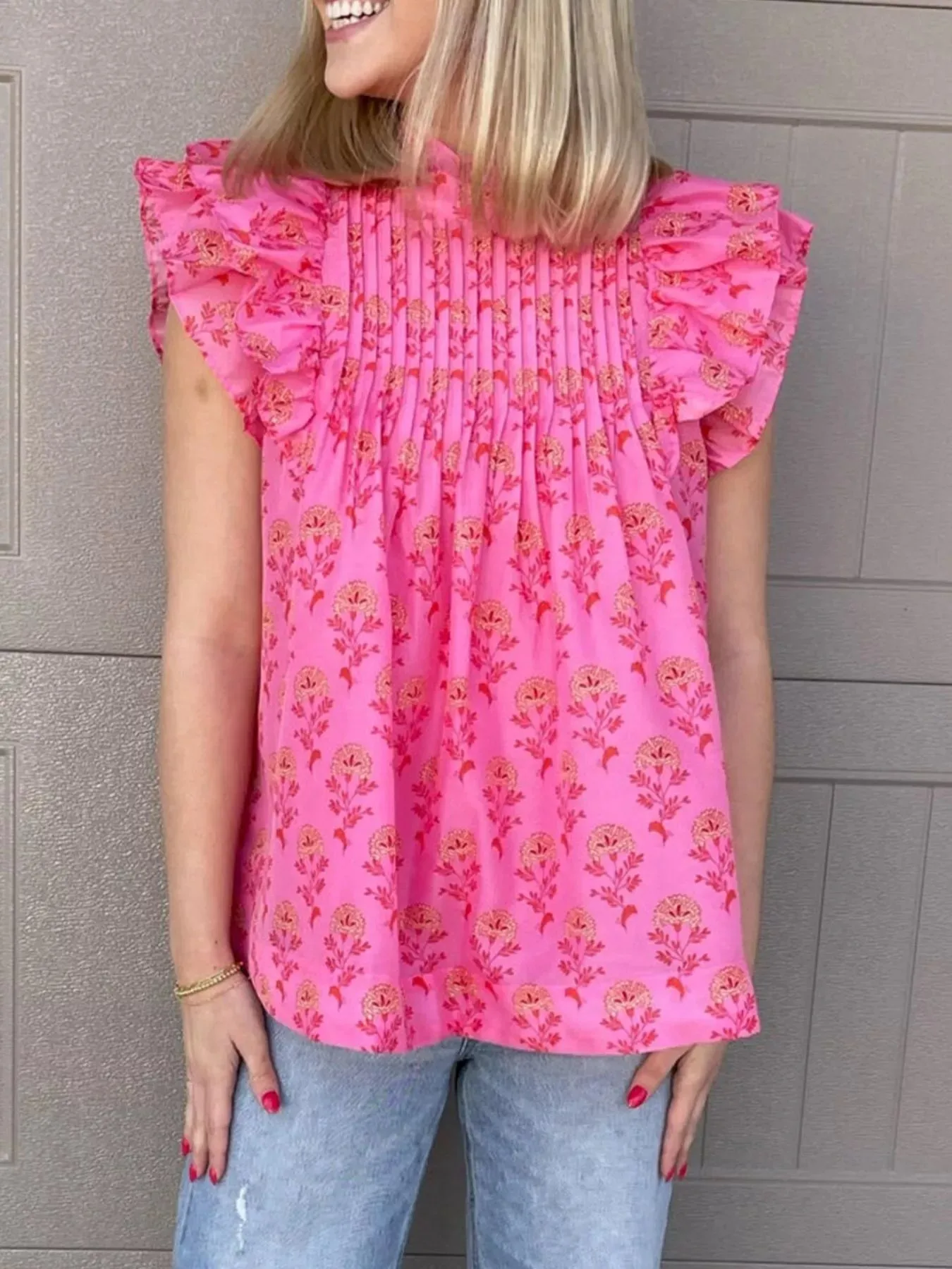 Floral Print Pleated Ruffled Flutter Sleeve Blouse sold by Charming Charlie