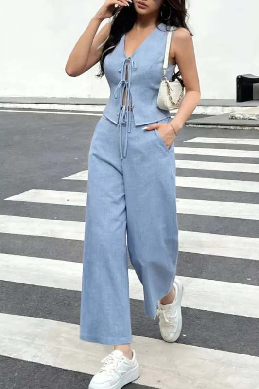 Tie Front Vest and Wide Leg Pants Set made by Trendsi