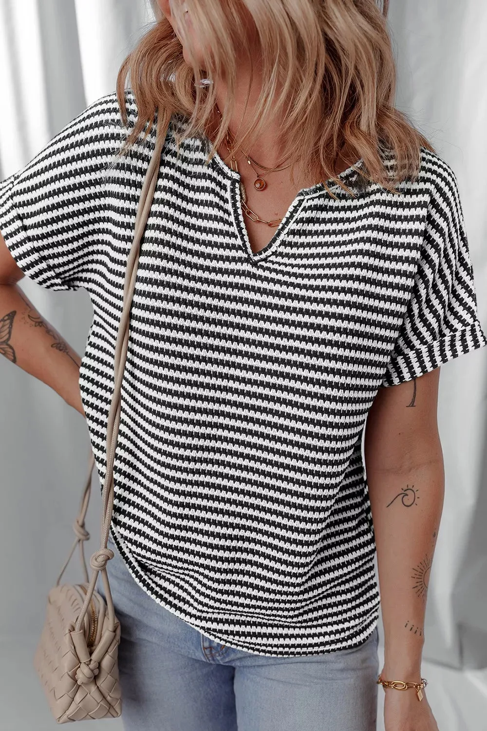 Stripe Textured Knit Notched Neck Cuffed Short Sleeve Top sold by Charming Charlie product image thumbnail 4
