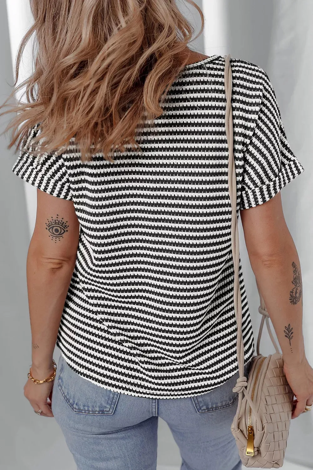 Stripe Textured Knit Notched Neck Cuffed Short Sleeve Top sold by Charming Charlie product image thumbnail 5