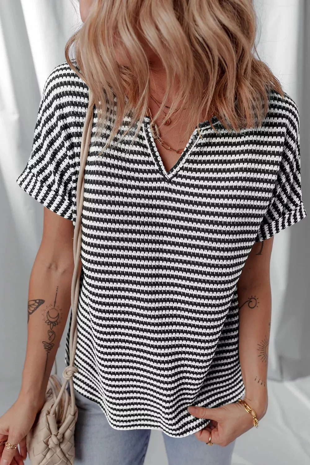 Stripe Textured Knit Notched Neck Cuffed Short Sleeve Top sold by Charming Charlie product image thumbnail 2