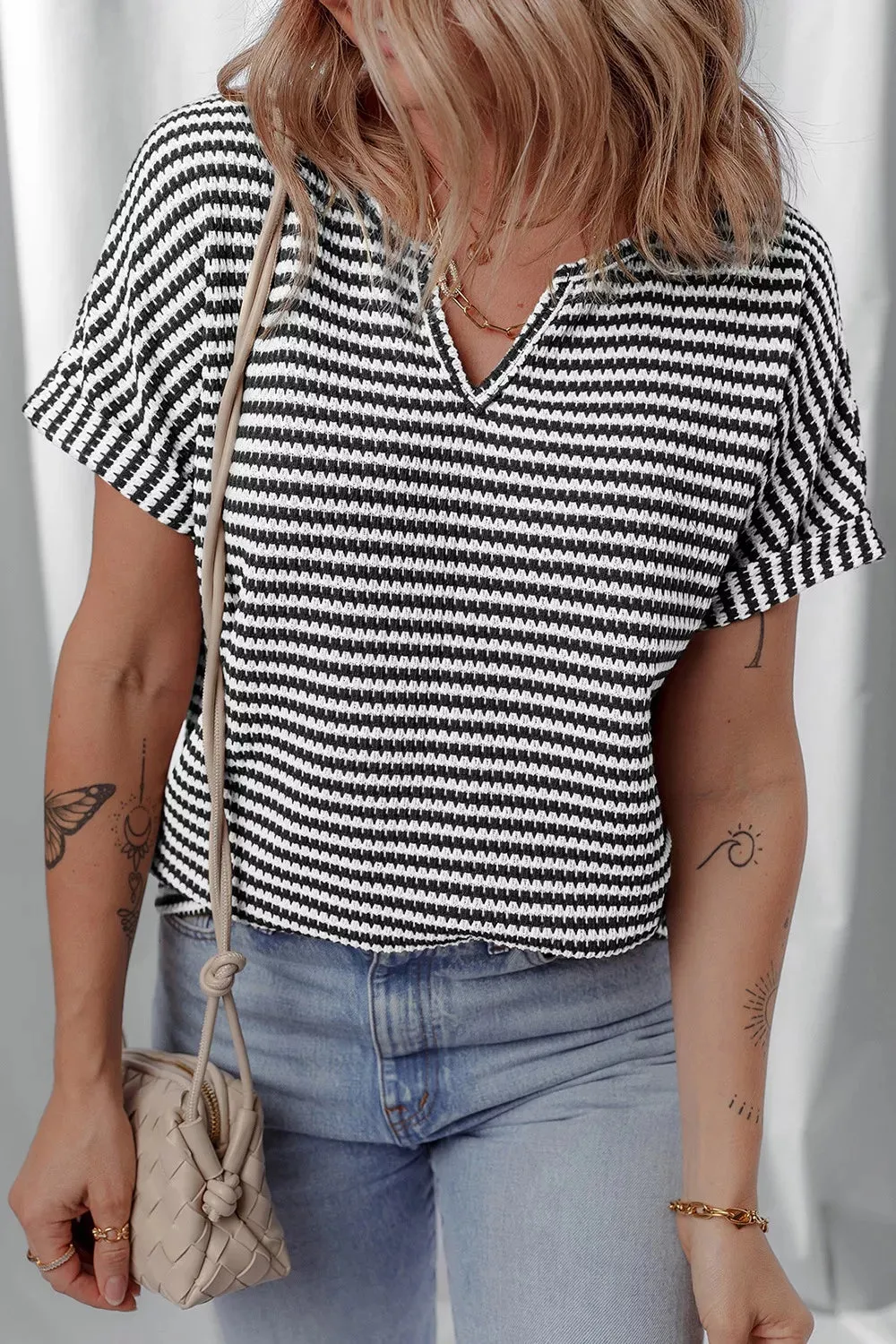 Stripe Textured Knit Notched Neck Cuffed Short Sleeve Top sold by Charming Charlie product image thumbnail 3