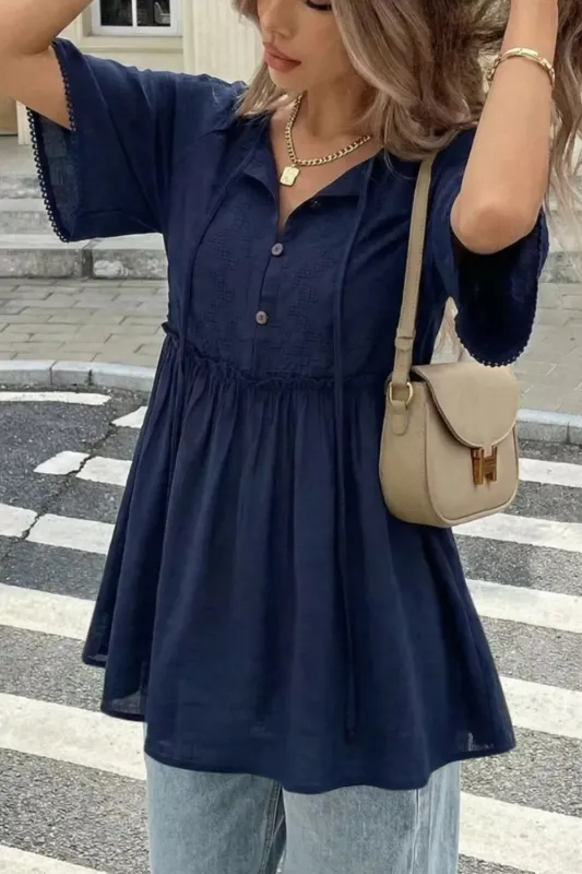 Ruffle Hem Tie Neck Blouse made by Trendsi