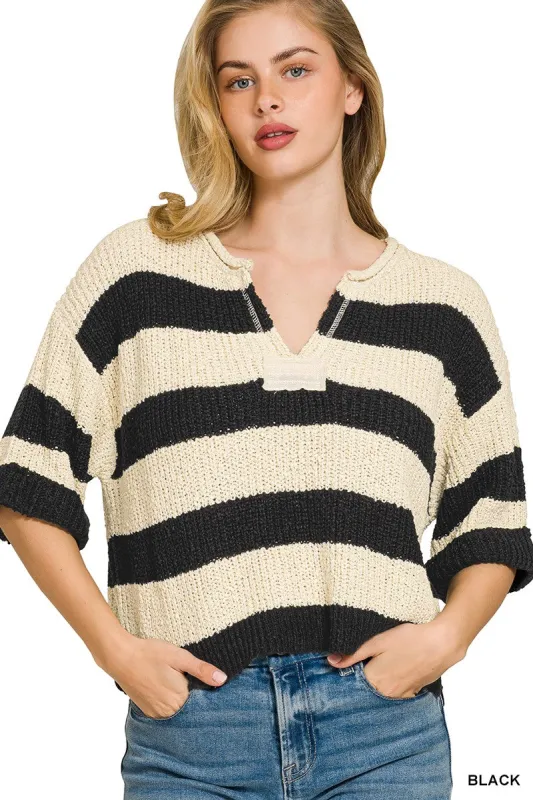 Zenana Split Neck Stripe Sweater made by Trendsi