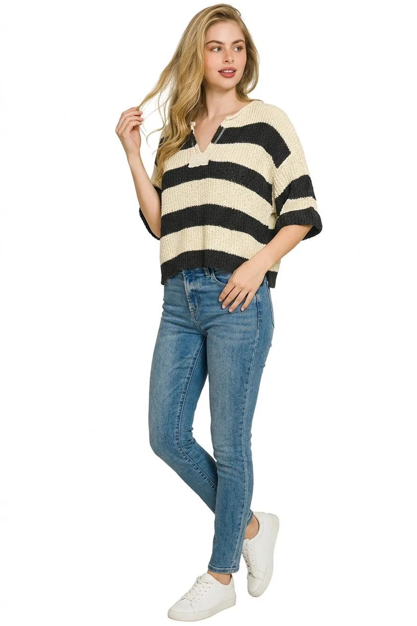 Zenana Split Neck Stripe Sweater sold by Charming Charlie product image thumbnail 2