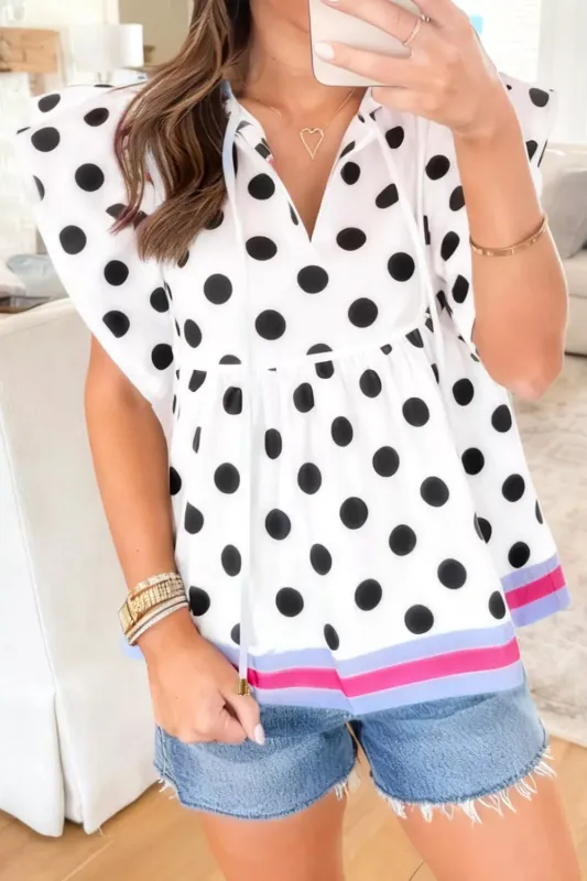 Polka Dot Print Tie-Neck Blouse made by Trendsi