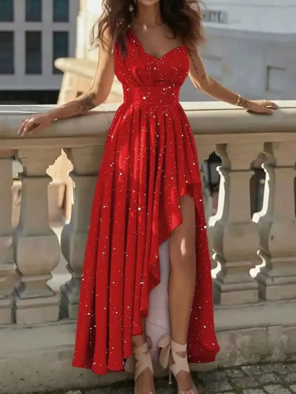 One-Shoulder Asymmetrical Hem Maxi Dress made by Trendsi