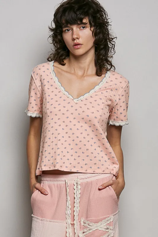 POL Floral V-Neck Short Sleeve Rib T-Shirt made by Trendsi