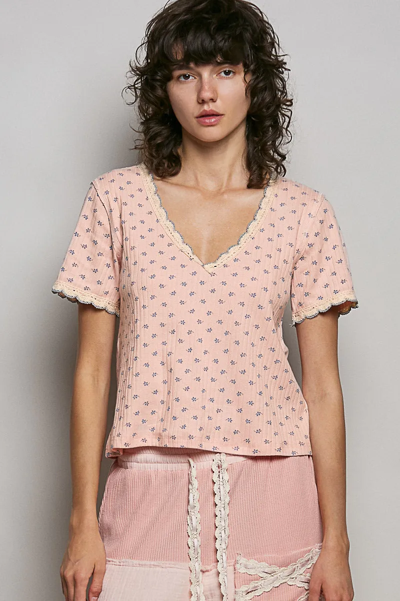 POL Floral V-Neck Short Sleeve Rib T-Shirt sold by Charming Charlie product image thumbnail 2