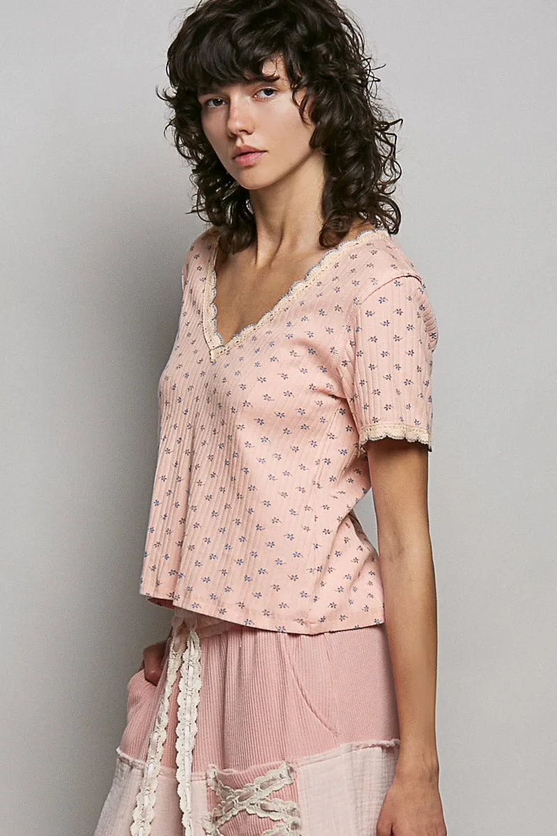 POL Floral V-Neck Short Sleeve Rib T-Shirt sold by Charming Charlie product image thumbnail 3