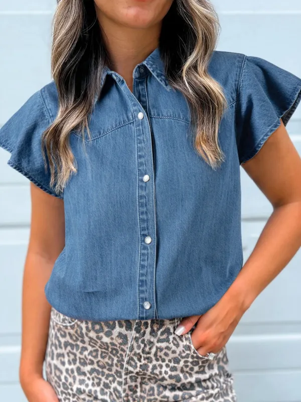 Ruffled Short Sleeve Denim Shirt made by Trendsi