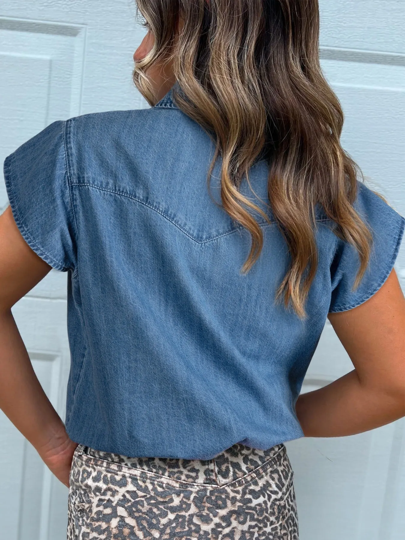 Ruffled Short Sleeve Denim Shirt sold by Charming Charlie product image thumbnail 2