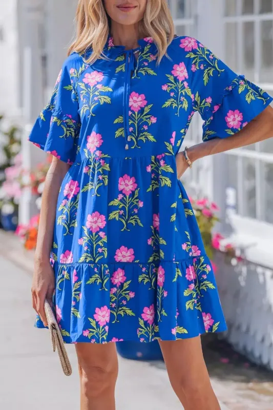 V Neck Short Sleeve Loose Flower Dress made by Trendsi