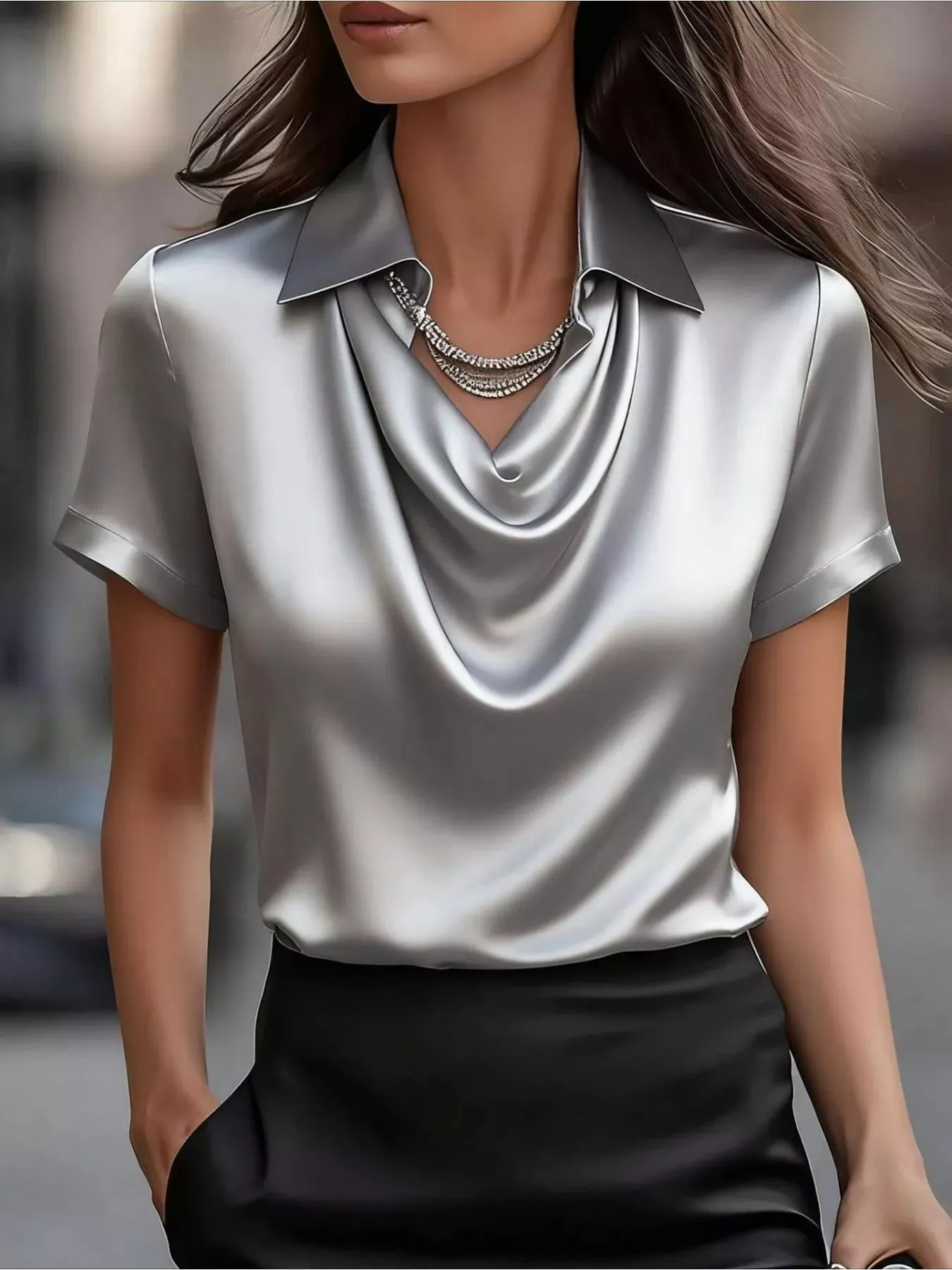 Full Size Cowl Neck Short Sleeve Satin Blouse Plus Size sold by Charming Charlie product image thumbnail 5