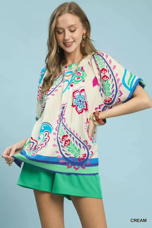 Umgee Border Print Puff Sleeve Blouse made by Trendsi