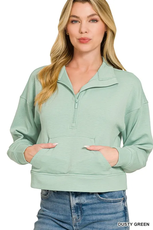 Zenana Scuba Half Zip Pullover With Kangaroo Pockets made by Trendsi