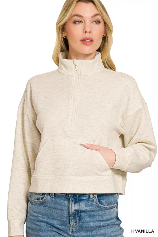 Zenana Scuba Half Zip Pullover With Kangaroo Pockets made by Trendsi
