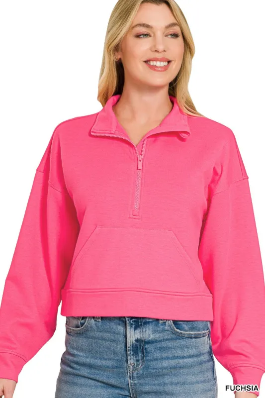 Zenana Scuba Half Zip Pullover With Kangaroo Pockets made by Trendsi