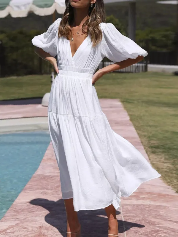 V-Neck Puff Sleeve Midi Dress made by Trendsi