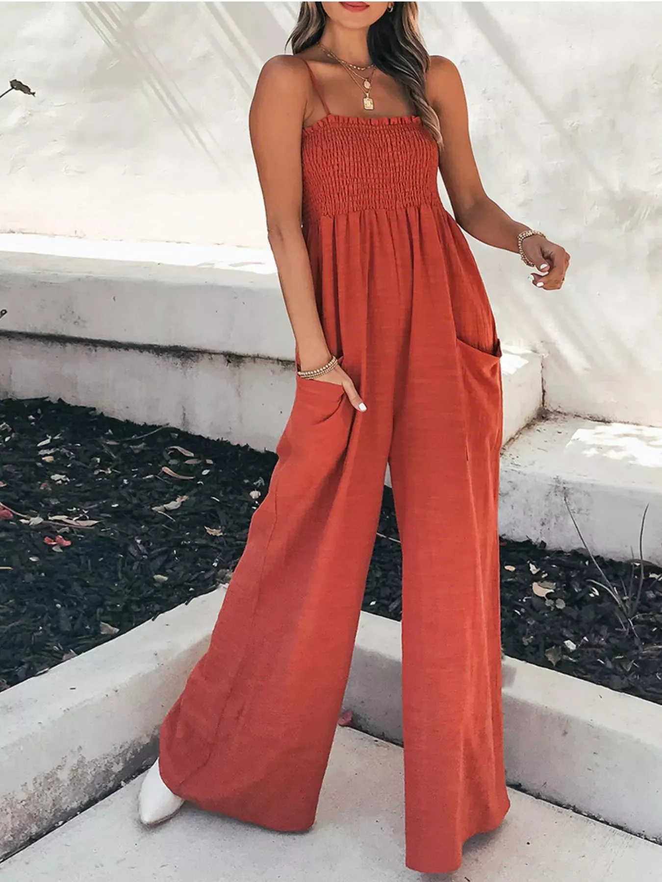 Smocked Wide Leg Jumpsuit sold by Charming Charlie