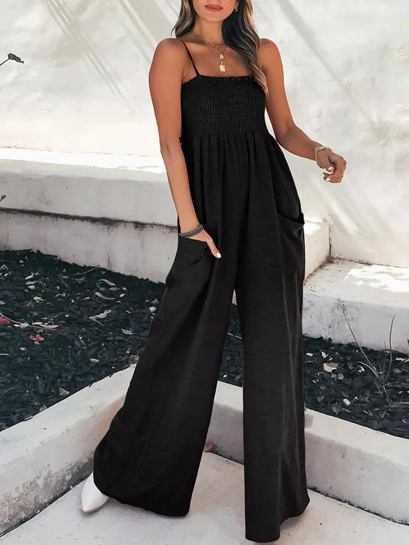 Smocked Wide Leg Jumpsuit sold by Charming Charlie product image thumbnail 5
