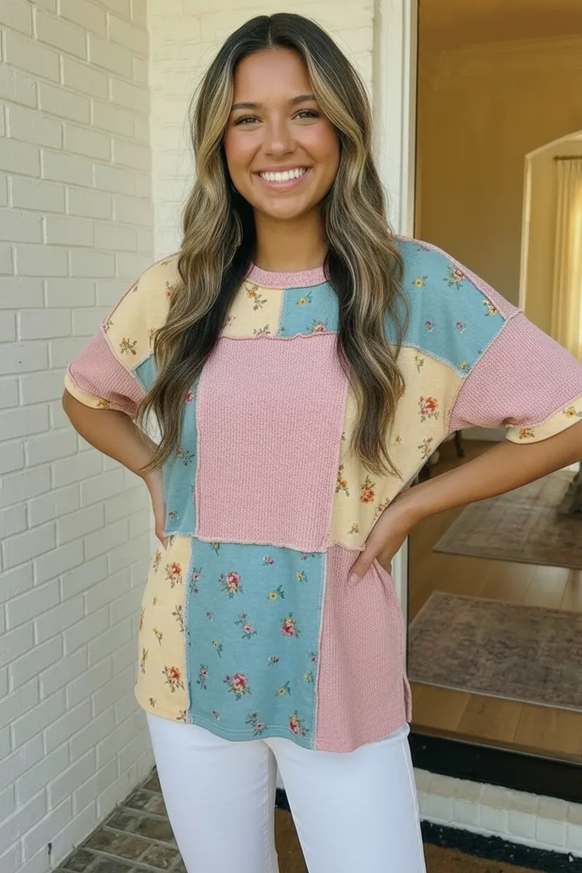 Patchwork Floral Waffle Knit Top sold by Charming Charlie product image thumbnail 3